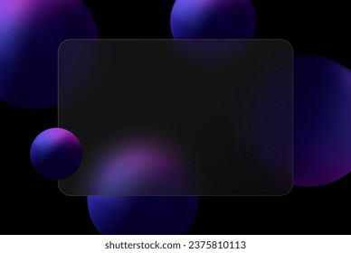 Banner con efecto superpuesto de vidrio con bolas vectoriales azules 3D en estilo morfismo de vidrio.