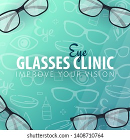 Banner for Glasses Clinic or Optical Store with eye glasses. Hand draw doodle background