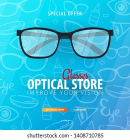 Banner for Glasses Clinic or Optical Store with eye glasses. Hand drawn doodle background