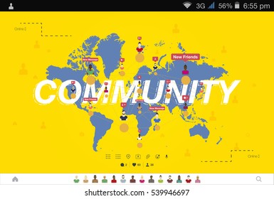 Banner global community and teamwork. World map on background. Flat vector illustration.