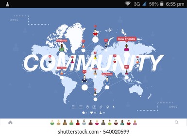 Banner global community and teamwork. World map on background. Flat vector illustration.