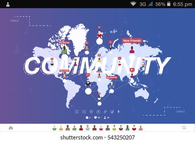 Banner global community and teamwork. World map on background. Flat vector illustration.