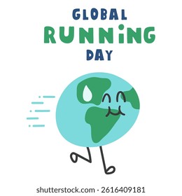 Banner. Global running day. Funny character. Vector hand drawn illustration on white background.