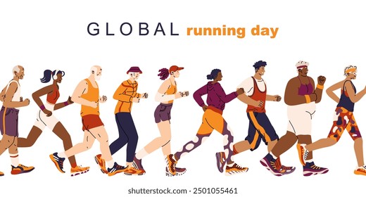 Banner for the global running day. People of different ages and genders jogging. Sports activity. Healthy lifestyle. Cardio workout. Vector illustration. June 5, summer sports festival. 