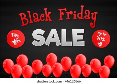 Banner with glossy balloons for Black Friday. Vector.