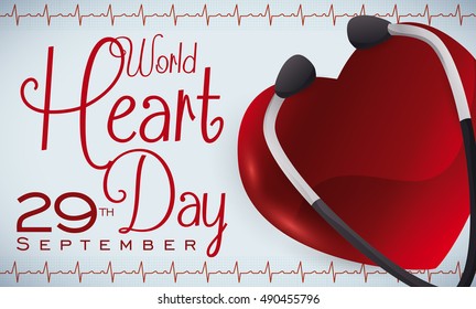 Banner with glossy hearth along with a stethoscope and cardiogram exams with reminder date of World Heart Day at 29th September.