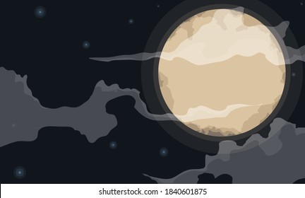 Banner with glowing full moon in a starry night with some clouds.