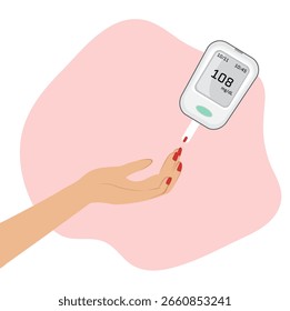 Anuncio, glucómetro para verificar los niveles de azúcar en la sangre, mano de la mujer con manicura, gota de sangre, fondo claro, sangre, examen, diabetes, nivel de azúcar, glucómetro, Vector, medicina, atención médica