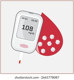 Banner glucometer for checking blood sugar level, drop of blood with sugar cubes, light background, sugar, diabetes, blood, examination, sugar level