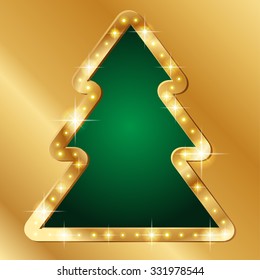 Banner with gold borders in the shape of Xmas tree. Festive background for Christmas
