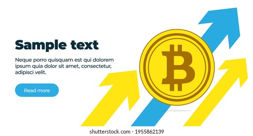 The banner is a gold coin crypto currency bitcoin against the background of three multicolored arrows aimed up with a block of text and a button. The appreciation of the currency. Sales trend up svg