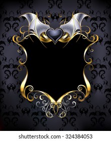 Banner with gold frame and black vampire heart on dark patterned background.