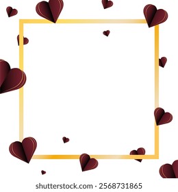 Banner with gold frame and flying hearts in cut paper style. Frame for text. Hearts are red with gold edges. Valentine's Day. Romance and love. Screensaver, advertising template, advertising frame