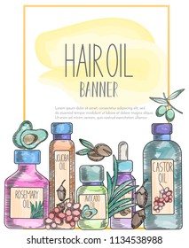 Banner with gold line and with natural oil bottles for hair care and ingredients in watercolor sketchy style drawing. Template for flyer, magazine, poster,cover, branding, banner,greeting card