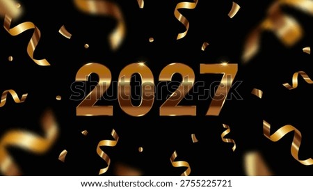 Banner with gold numbers 2027, 3d realistic confetti from party poppers, flying golden foil ribbon, serpentine streamers on black background, fireworks for new year celebration. Vector EPS10