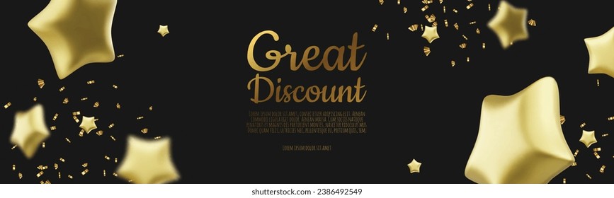 Banner with gold stars. Festive background with luxury stars. 3d render object. Holiday banner, web poster, greeting card. vector illustration