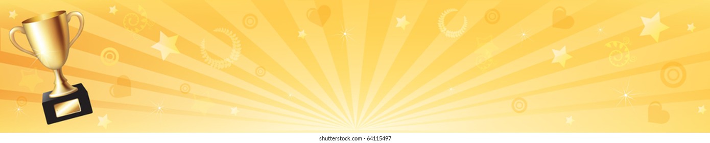 Banner With Gold Trophy Cup And Sun Rays, Vector Illustration