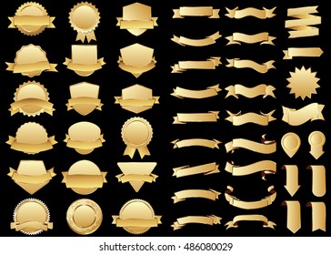 Banner gold vector icon set on black background. Ribbon isolated shapes illustration of gift and accessory. Christmas sticker and decoration for app and web. Label, badge and borders collection.