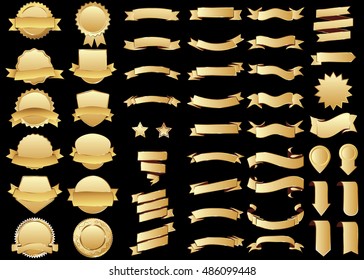 Banner gold vector icon set on black background. Ribbon isolated shapes illustration of gift and accessory. Christmas sticker and decoration for app and web. Label, badge and borders collection.