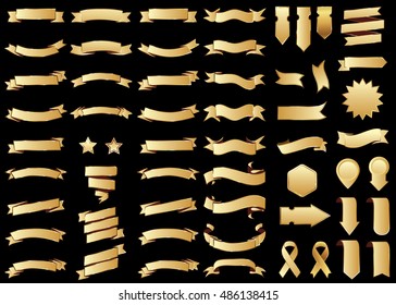 Banner gold vector icon set on black background. Ribbon isolated shapes illustration of gift and accessory. Christmas sticker and decoration for app and web. Label, badge and borders collection.