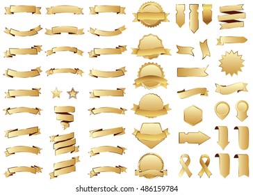 Banner gold vector icon set on white background. Ribbon isolated shapes illustration of gift and accessory. Christmas sticker and decoration for app and web. Label, badge and borders collection.