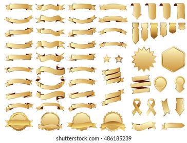 Banner gold vector icon set on white background. Ribbon isolated shapes illustration of gift and accessory. Christmas sticker and decoration for app and web. Label, badge and borders collection.