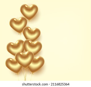 Banner - Golden balloons hearts. Greeting card for Valentine's Day and International Women's Day. 3D realistic illustration. Vector.