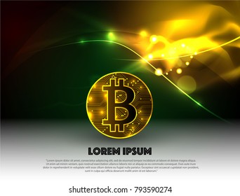 banner with golden bitcoin. Abstract geometric technology shape of glowing particles Light neon