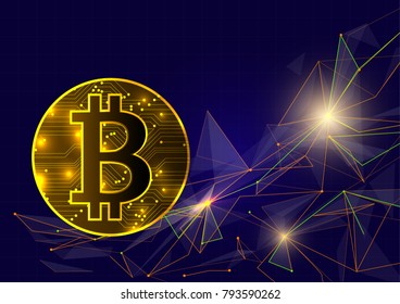 banner with golden bitcoin background. Abstract background for design technology and networking science