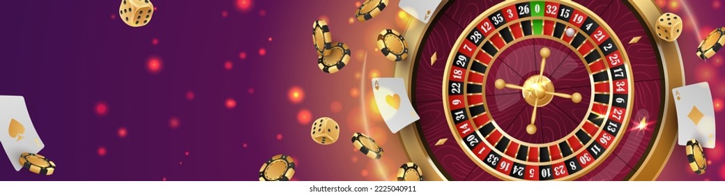 Banner with Golden casino roulette, wheel with flying poker chips, tokens, playing cards, dices, around on purple background with lights, bokeh. Vector illustration for design, advertising.