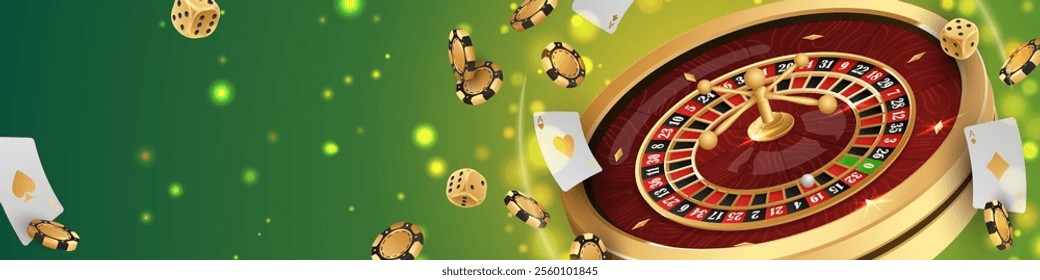 Banner with Golden casino roulette, wheel with flying black poker chips, tokens, playing cards, dices, around on green background with lights, bokeh. Vector illustration for design, advertising