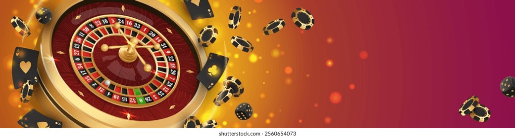 Banner with Golden casino roulette, wheel with flying black poker chips, tokens, playing cards, dices, around on red background with lights, bokeh. Vector illustration for design, advertising