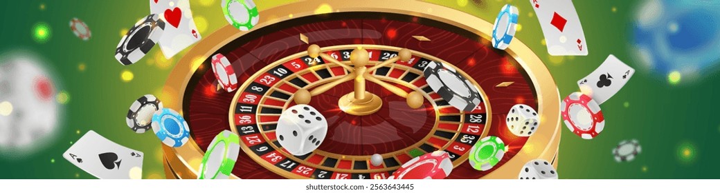 Banner with Golden casino roulette, wheel with flying black poker chips, tokens, playing cards, dices, around on green background with lights, bokeh. Vector illustration for design, advertising