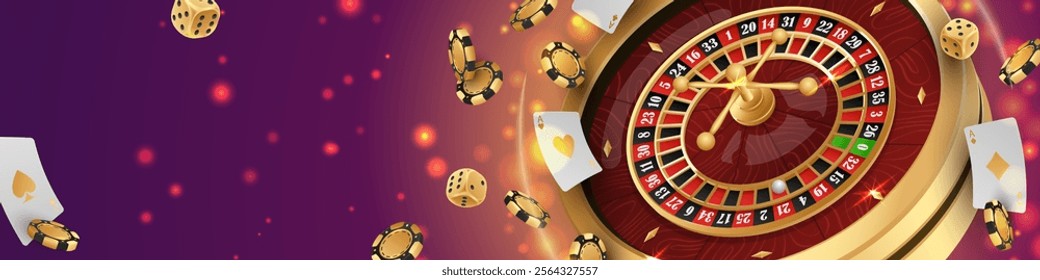 Banner with Golden casino roulette, wheel with flying black poker chips, tokens, playing cards, dices, around on purple background with lights, bokeh. Vector illustration for design, advertising