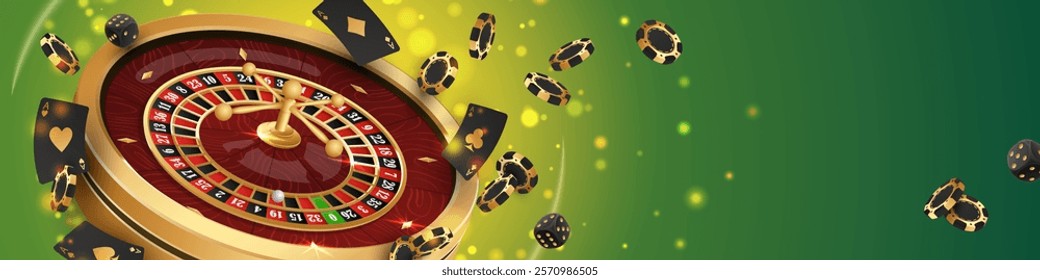 Banner with Golden casino roulette, wheel with flying black poker chips, tokens, playing cards, dices, around on green background with lights, bokeh. Vector illustration for design, advertising