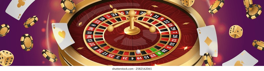 Banner with Golden casino roulette, wheel with flying black poker chips, tokens, playing cards, dices, around on purple background with lights, bokeh. Vector illustration for design, advertising