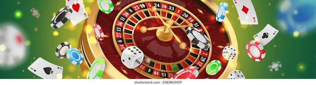 Banner with Golden casino roulette, wheel with flying poker chips, tokens, playing cards, dices, around on green background with lights, bokeh. Vector illustration for design, advertising