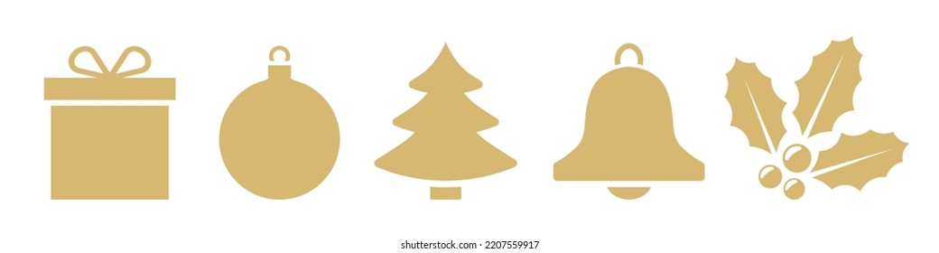 banner with golden christmas icons: present, ball, fir tree, bell and holly berry- vector illustration