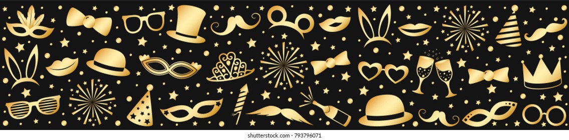 Banner with golden costumes for carnival party, birthday party or photobooth. Vector.