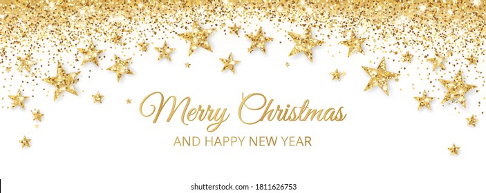 Banner with golden decoration. Festive border with falling glitter dust and stars. Holiday vector background. For Christmas and New Year cards, headers, party posters.