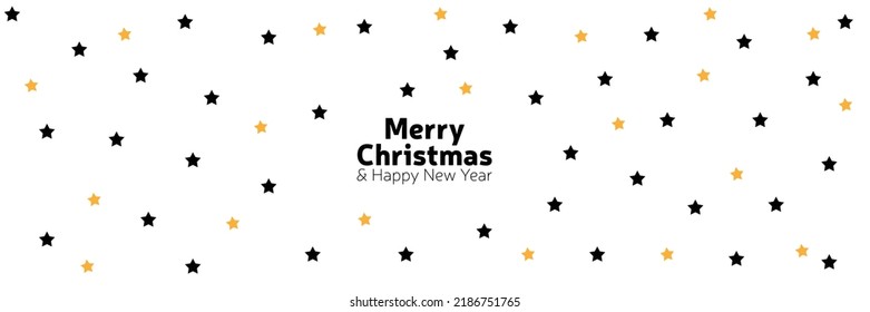 Banner with golden decoration. Festive border with falling glitter dust and stars. Holiday vector background. For Christmas and New Year cards, headers, party posters.