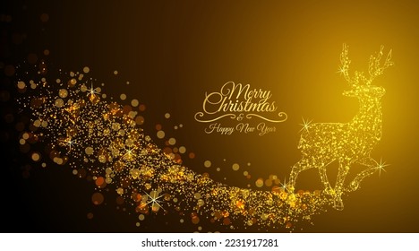 Banner golden deer running with golden bokeh and concept christmas background.Vector illustration