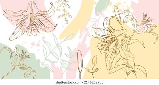 Banner with golden flowers lilies hand-drawn floral background colorful