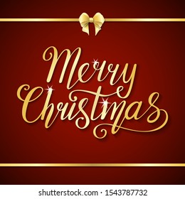 Banner with golden hand written text Merry Christmas and horizontal border with bowknot on dark red background; Hand drawn cute vector illustration in paper cut style; Creative graphic greeting card