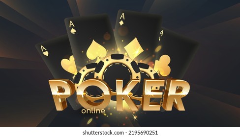 Banner with golden letters Poker online with three poker chips, tokens, playing cards on black background with gold lights, sparkles and bokeh. Vector illustration.