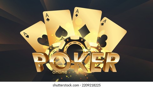 Banner with golden letters Poker online with three poker chips, tokens, playing cards on black background with gold lights, sparkles and bokeh. Vector illustration.