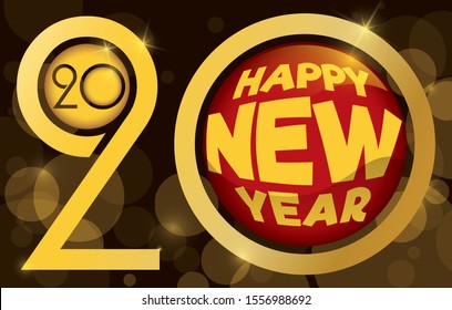 Banner with golden number 2020, red round button with greeting and glowing background for New Year celebration in the upcoming year change.
