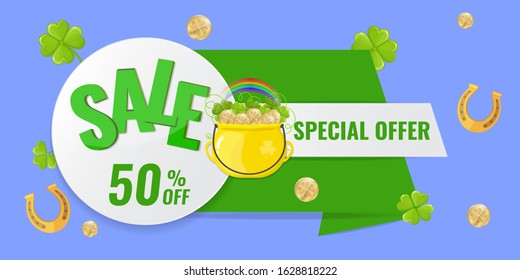 Banner with Golden pot with clover, coins, rainbow and horseshoe. Sale label for Saint Patricks day. Vector image for promotion, web banner.