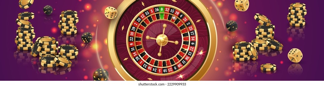 Banner with golden Сasino roulette, stacks of black, gold poker chips, tokens, dices, around on purple background with reflection, lights. Vector casino illustration.