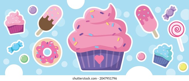 
Banner with goodies.
Muffin, cake, candy, lollipop. A lot of sweets. Donut